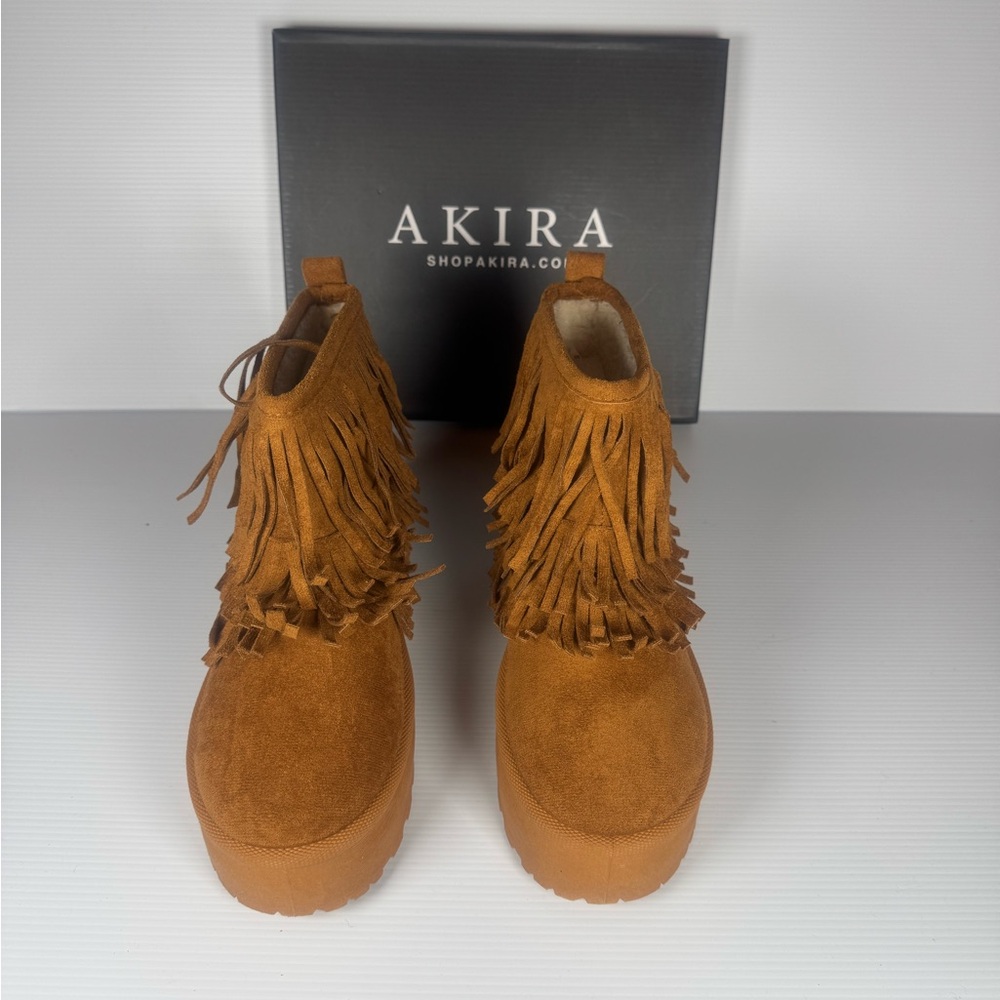 AKIRA Brown Fringe Platform Boots Sz 6,7,8,9 Boho Western Fest Suede Boot - Picture 2 of 6